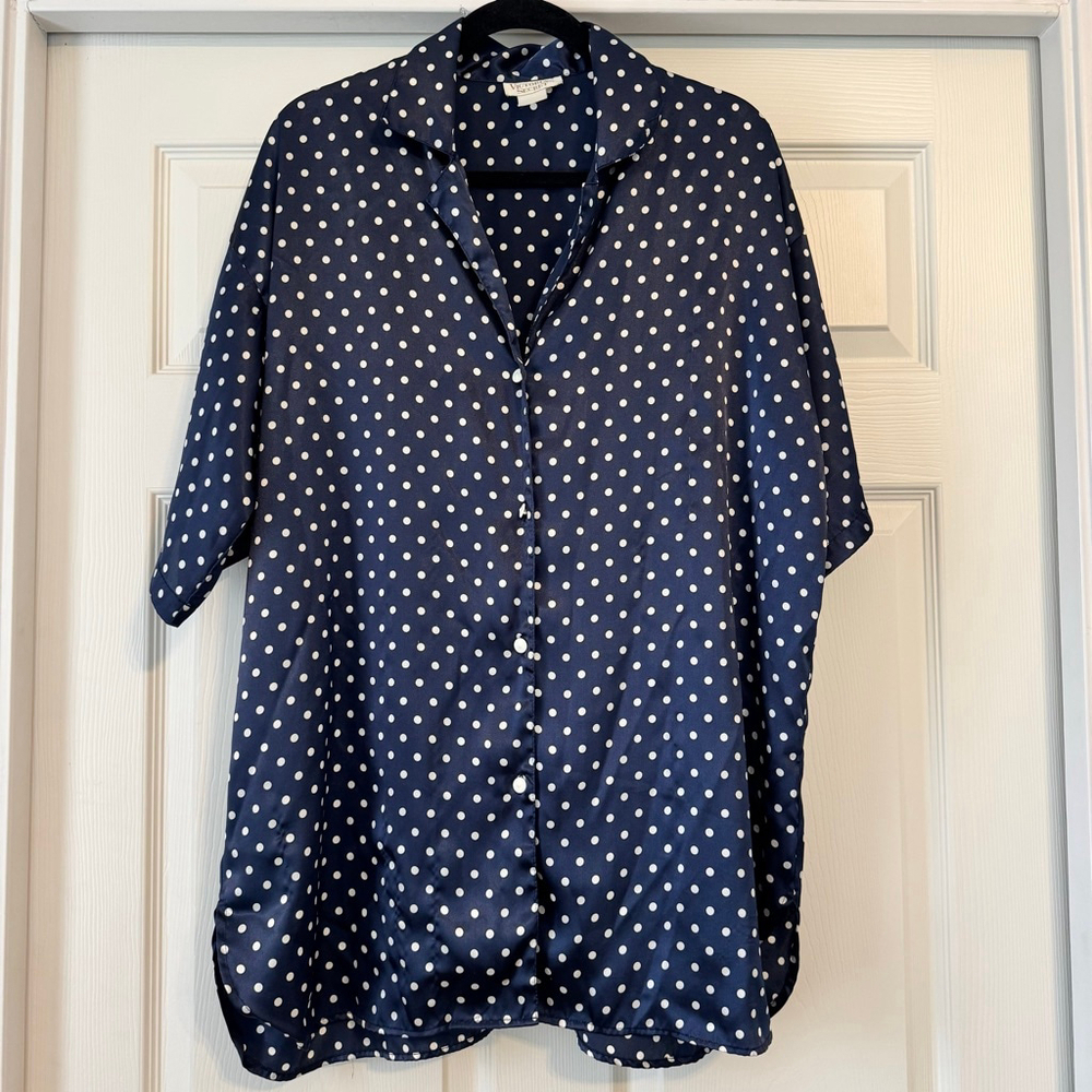 VTG Victoria's Secret Navy White Polka Dot Top XL Button Front Gold Label